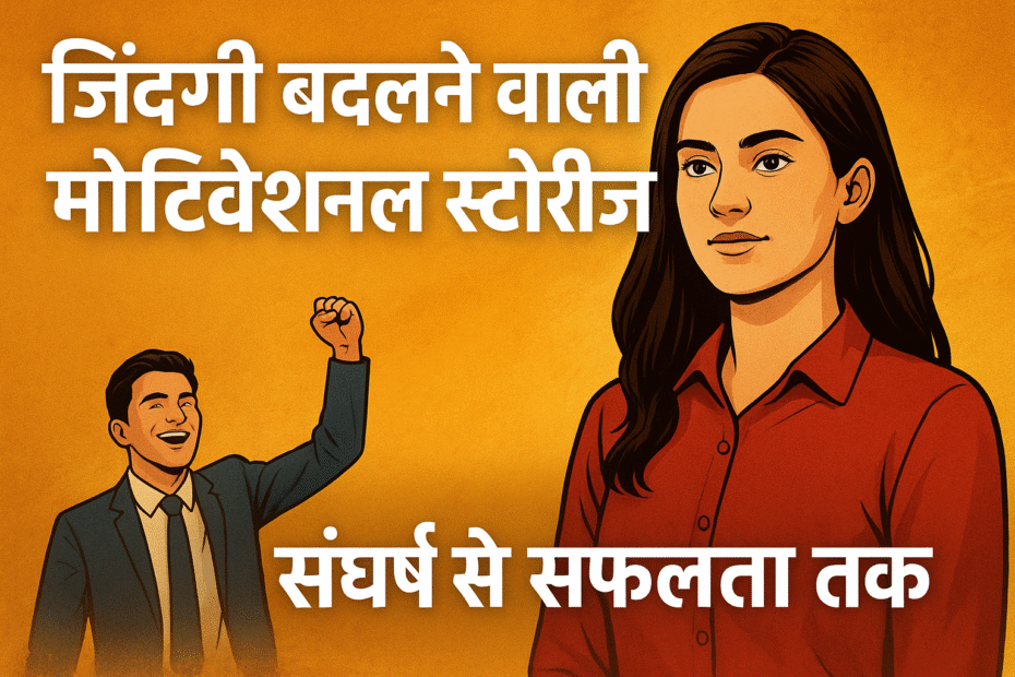 गर्म सुनहरे-नारंगी बैकग्राउंड पर एक प्रेरणादायक हिंदी थंबनेल, जिसमें सफ़ेद देवनागरी अक्षरों में ‘ज़िंदगी बदलने वाली मोटिवेशनल स्टोरीज़’ और ‘संघर्ष से सफलता तक’ लिखा है; बाईं ओर सूट पहने विजयी भाव वाला पुरुष और दाईं ओर आत्मविश्वास से भरी महिला की चित्रण।”